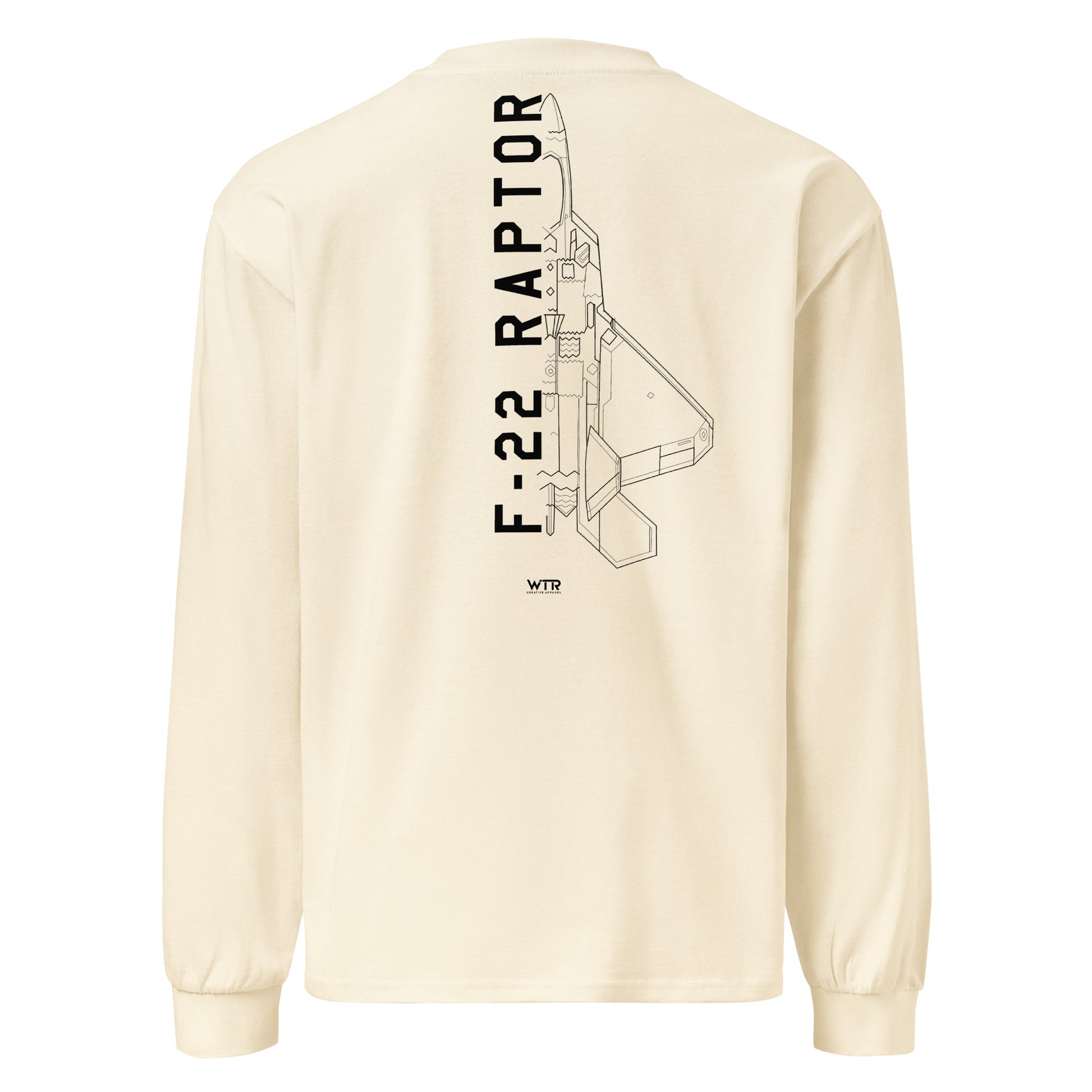Hand-drawn technical schematic of the Lockheed Martin F-22 Raptor stealth fighter on a premium long-sleeve t-shirt.