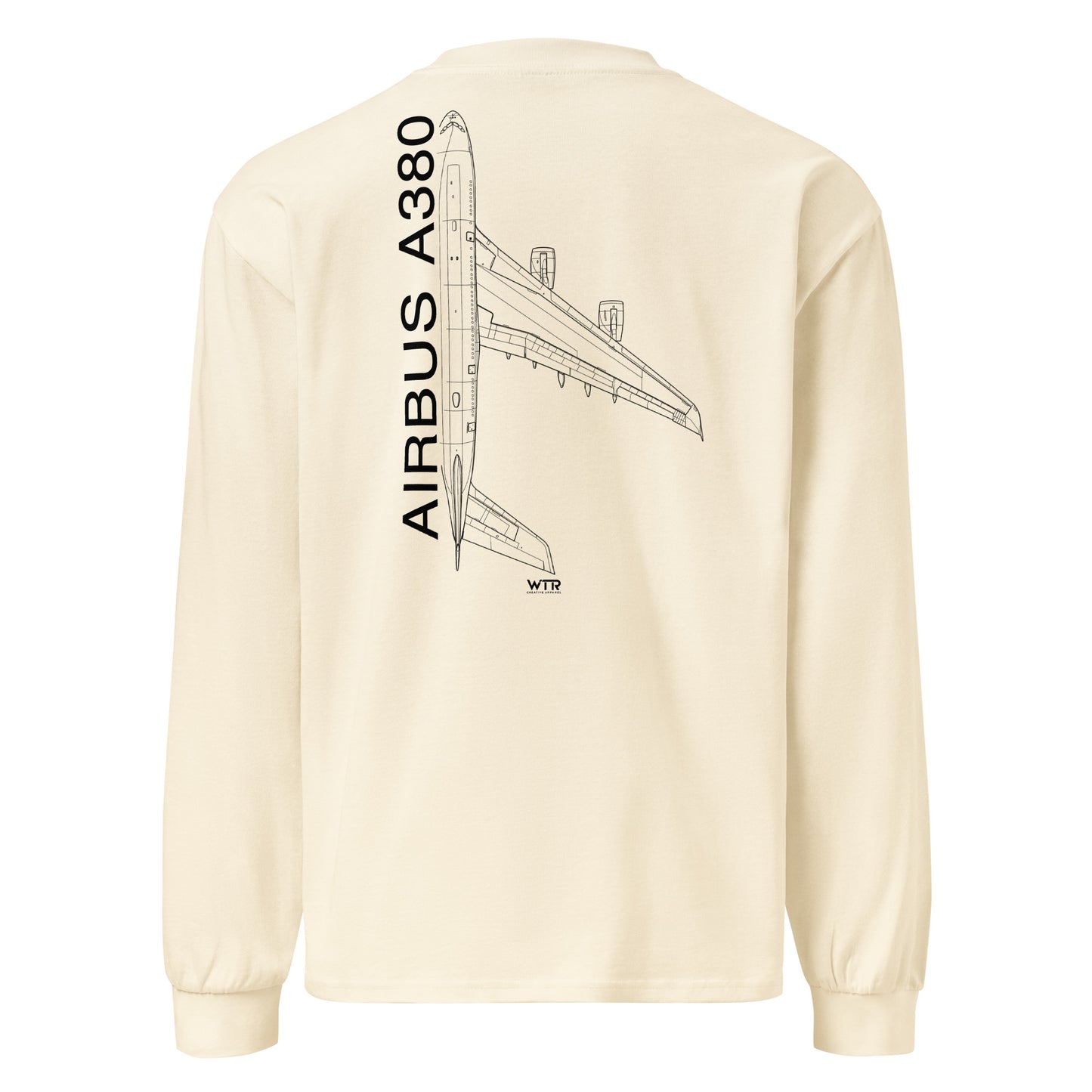 Hand-drawn technical schematic of the Airbus A380 SuperJumbo airliner printed on a premium-weight long-sleeve t-shirt.