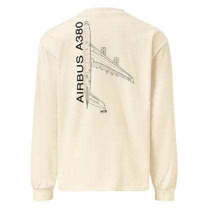 Hand-drawn technical schematic of the Airbus A380 SuperJumbo airliner printed on a premium-weight long-sleeve t-shirt.