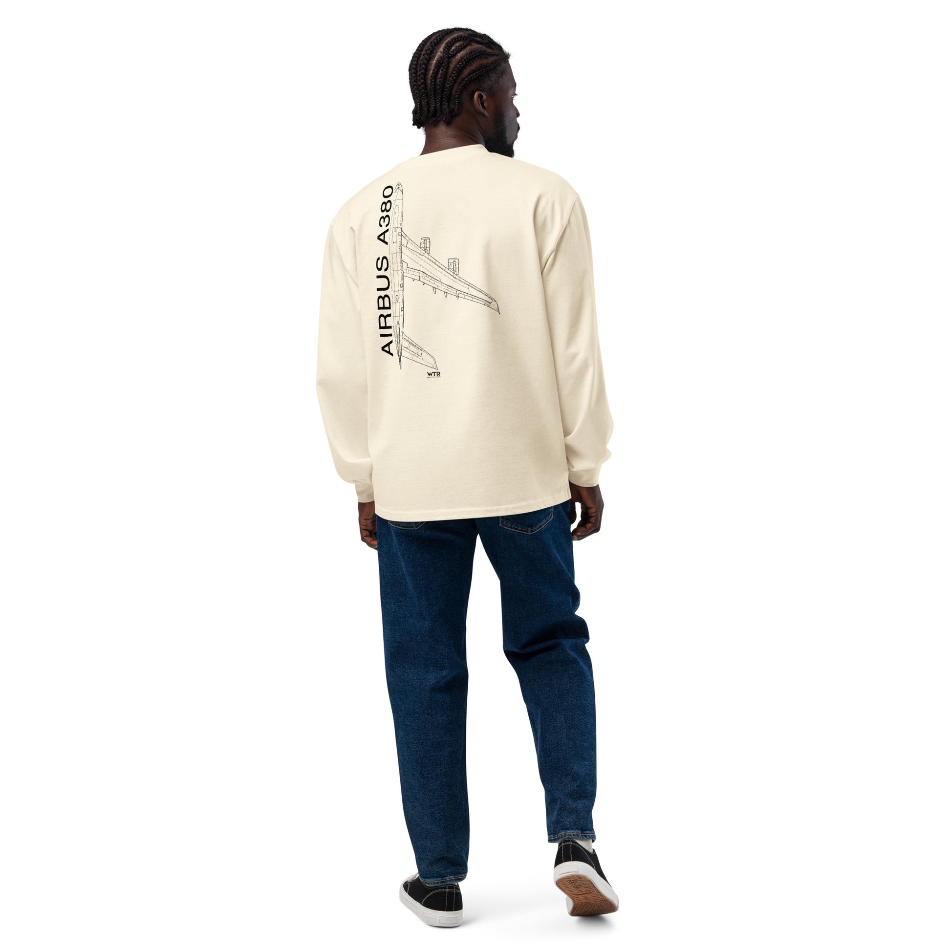 Hand-drawn technical schematic of the Airbus A380 SuperJumbo airliner printed on a premium-weight long-sleeve t-shirt.