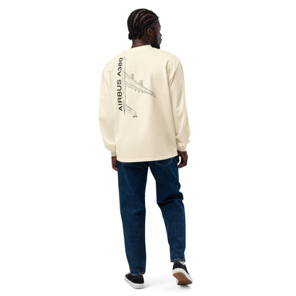 Hand-drawn technical schematic of the Airbus A380 SuperJumbo airliner printed on a premium-weight long-sleeve t-shirt.