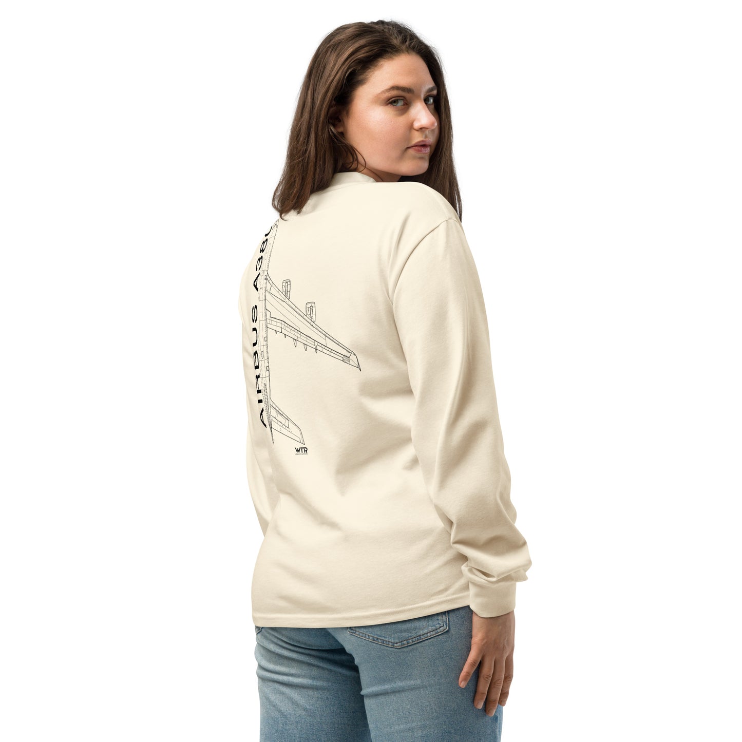 Hand-drawn technical schematic of the Airbus A380 SuperJumbo airliner printed on a premium-weight long-sleeve t-shirt.