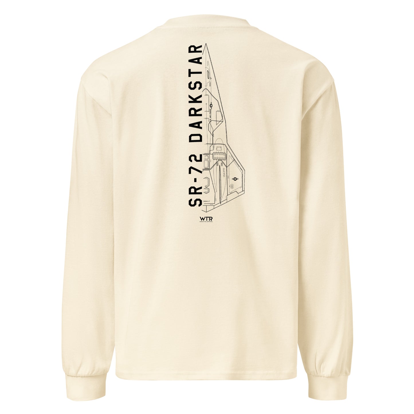 Hand-drawn schematic of the Lockheed Martin Skunk Works SR-72 Darkstar printed on a premium long-sleeve t-shirt.