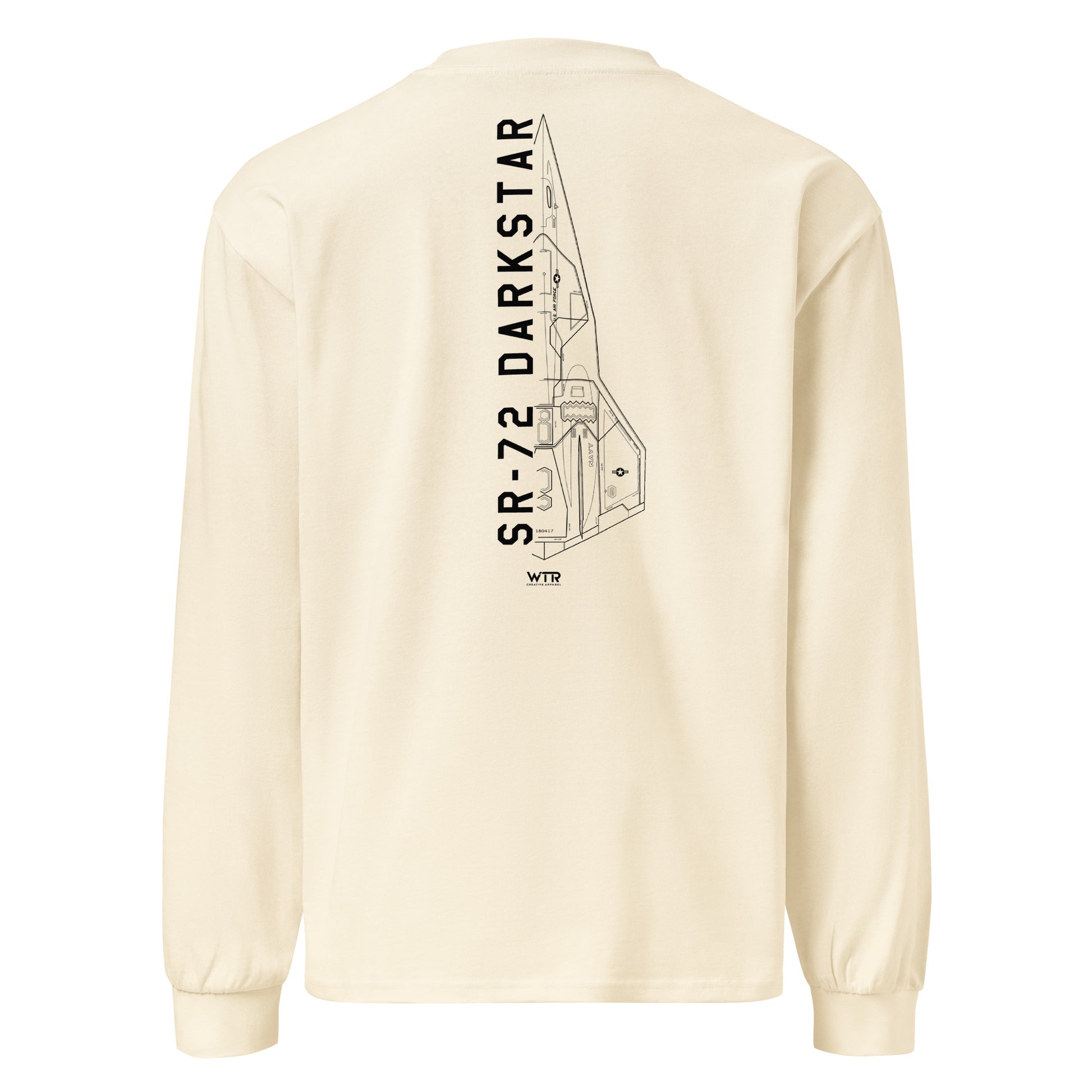 Hand-drawn schematic of the Lockheed Martin Skunk Works SR-72 Darkstar printed on a premium long-sleeve t-shirt.