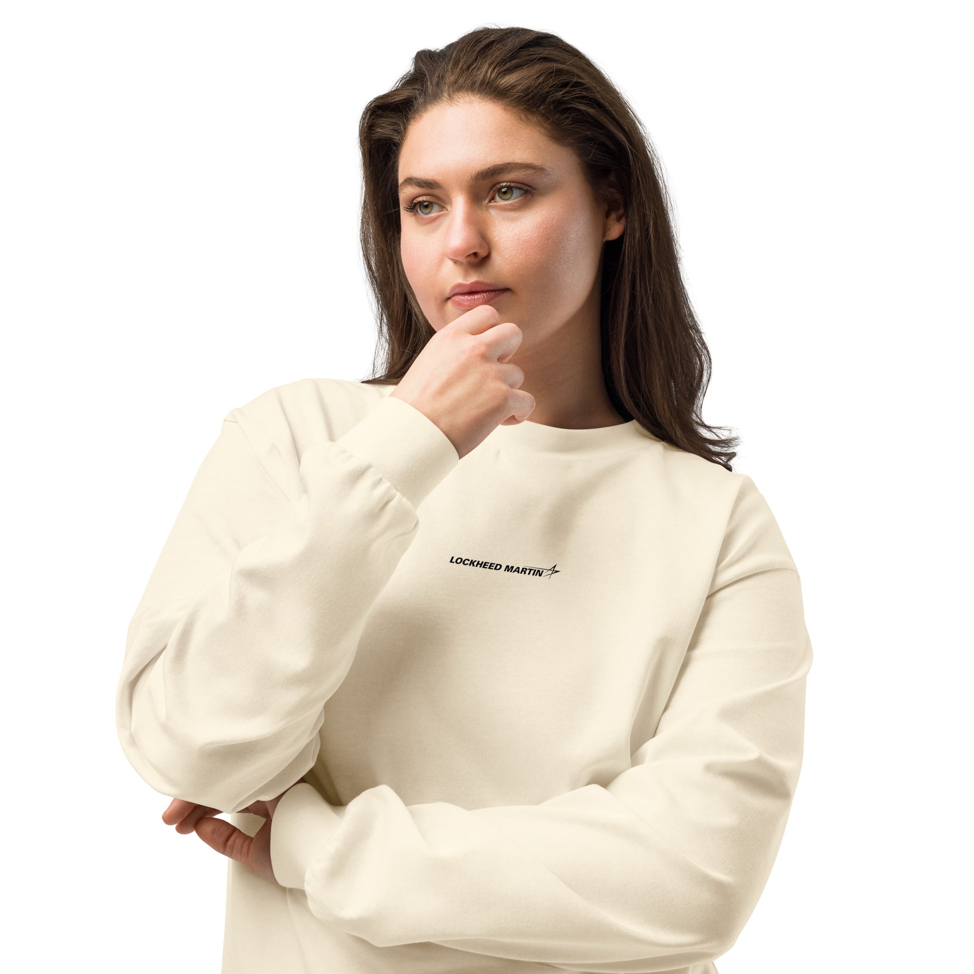 Hand-drawn schematic of the LOCKHEED MARTIN F-22 RAPTOR printed on a standard long sleeve T-shirt.