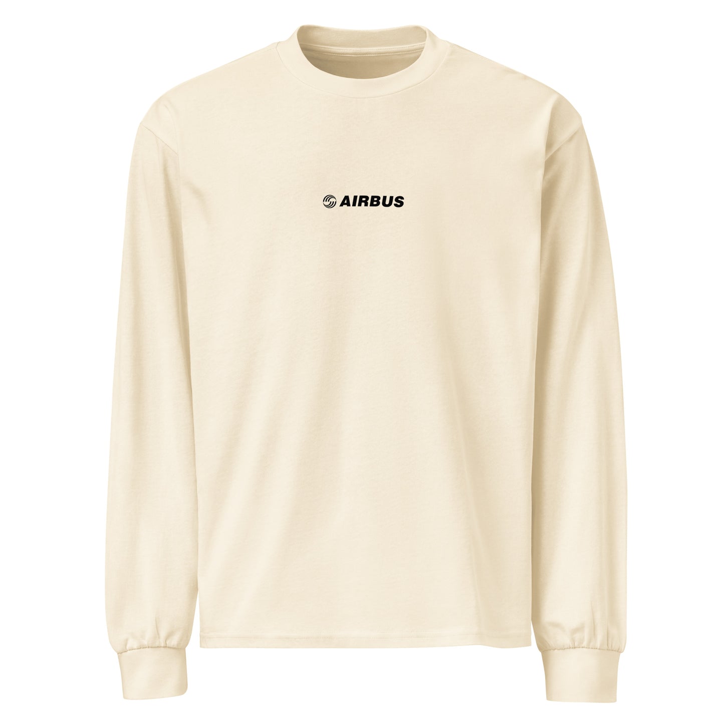Hand-drawn technical schematic of the Airbus A380 SuperJumbo airliner printed on a premium-weight long-sleeve t-shirt.