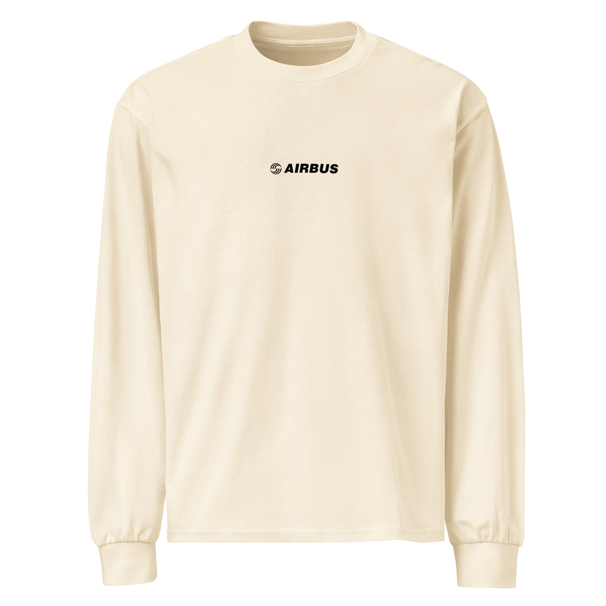 Hand-drawn technical schematic of the Airbus A380 SuperJumbo airliner printed on a premium-weight long-sleeve t-shirt.