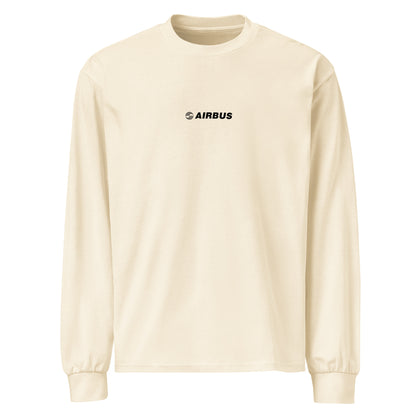 Hand-drawn technical schematic of the Airbus A380 SuperJumbo airliner printed on a premium-weight long-sleeve t-shirt.