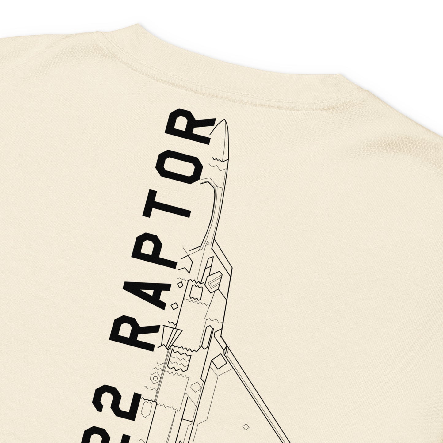 Hand-drawn schematic of the LOCKHEED MARTIN F-22 RAPTOR printed on a standard long sleeve T-shirt.
