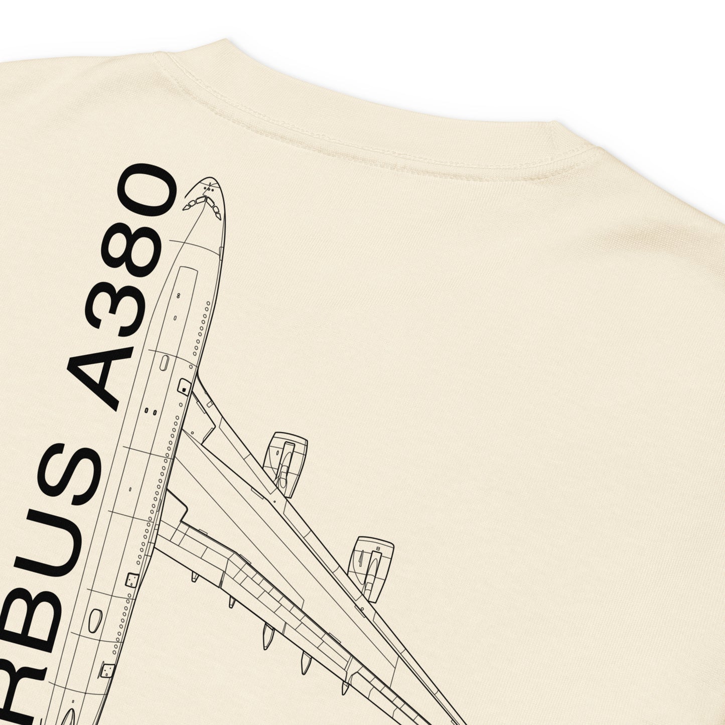 Hand-drawn technical schematic of the Airbus A380 SuperJumbo airliner printed on a premium-weight long-sleeve t-shirt.