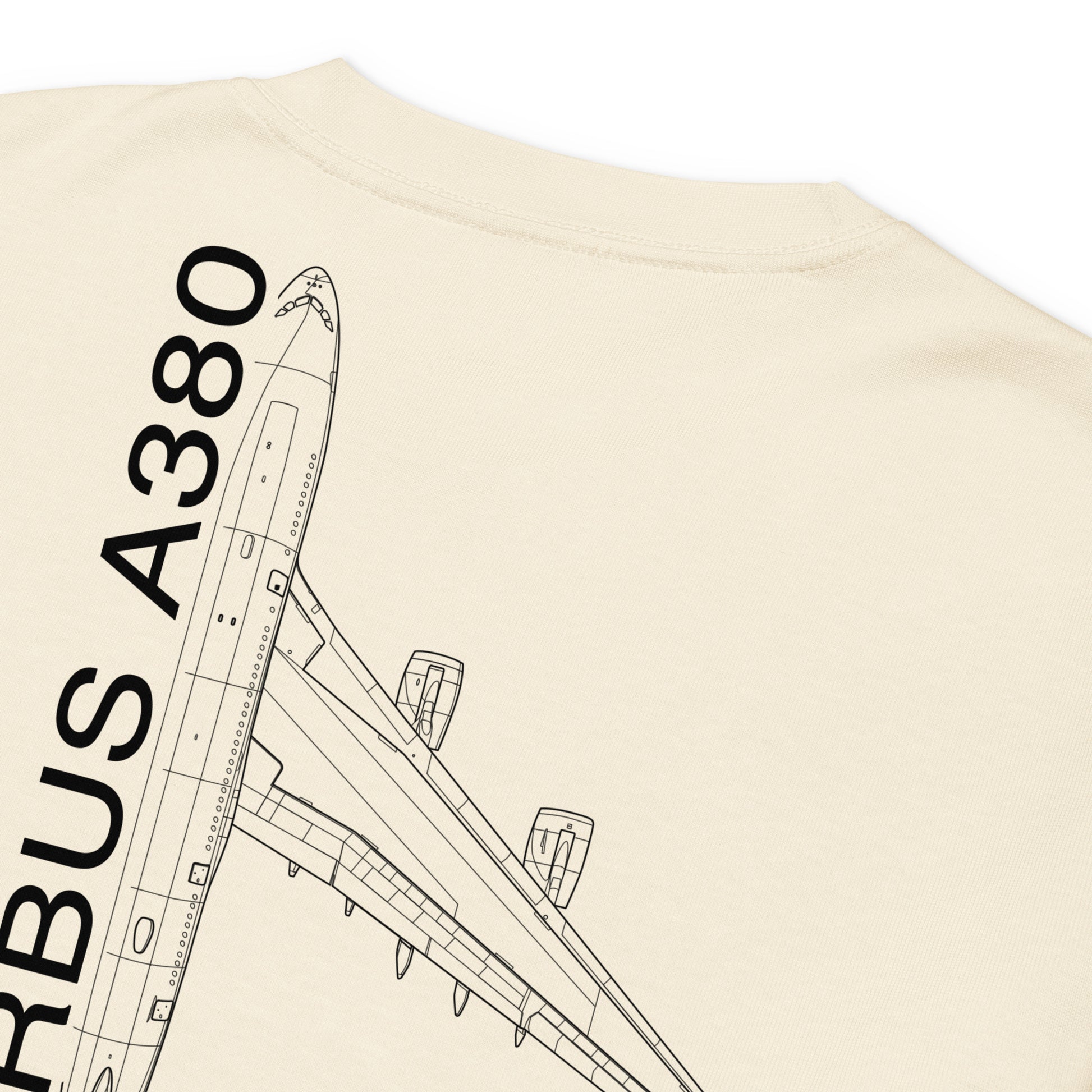 Hand-drawn technical schematic of the Airbus A380 SuperJumbo airliner printed on a premium-weight long-sleeve t-shirt.