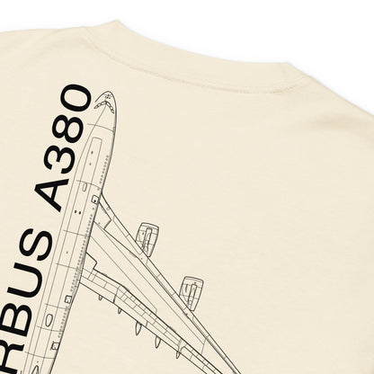 Hand-drawn technical schematic of the Airbus A380 SuperJumbo airliner printed on a premium-weight long-sleeve t-shirt.