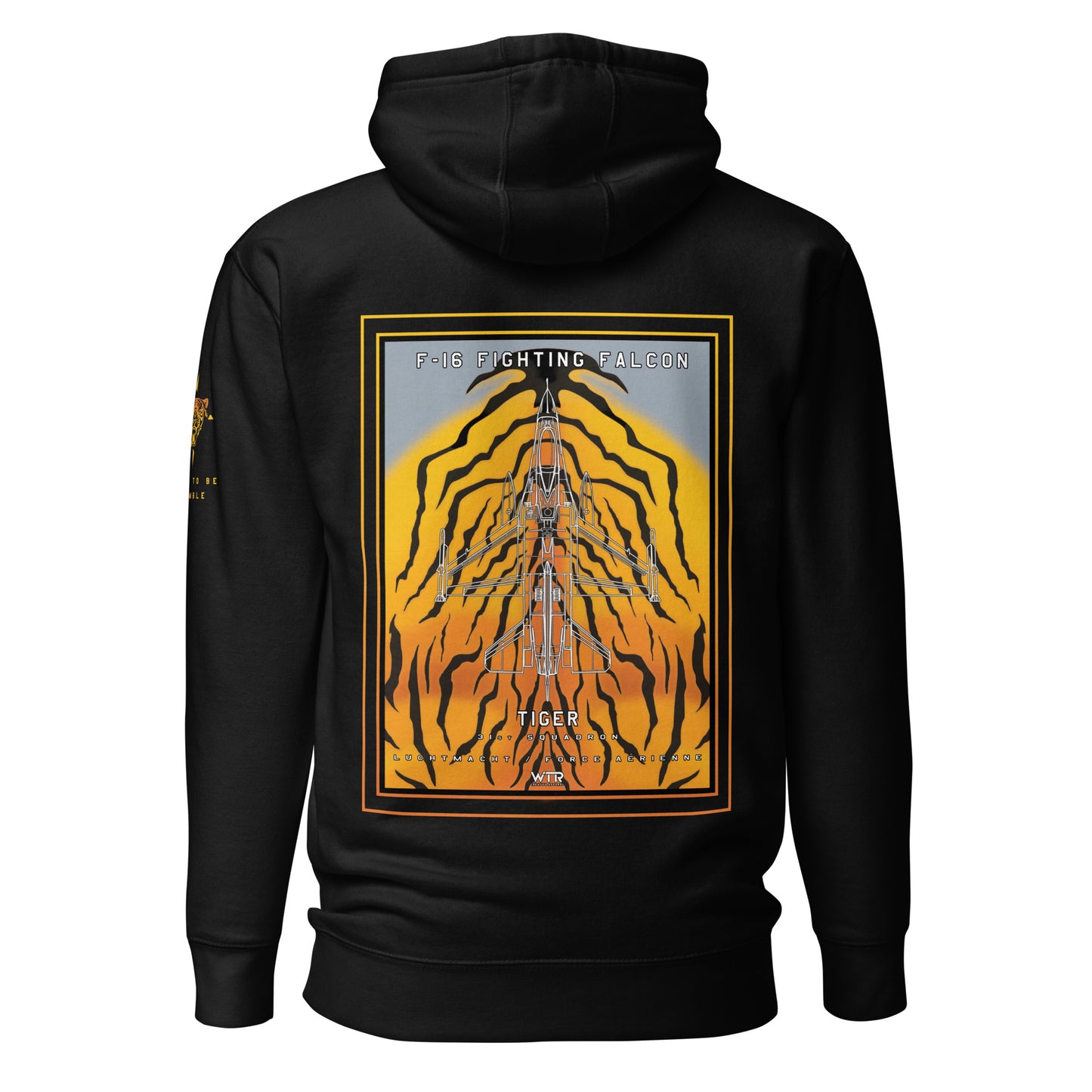 Hand-drawn schematic of the F-16 Fighting Falcon Belgian Air Force 31st Tiger Squadron 65th Anniversary livery on a unisex hoodie.