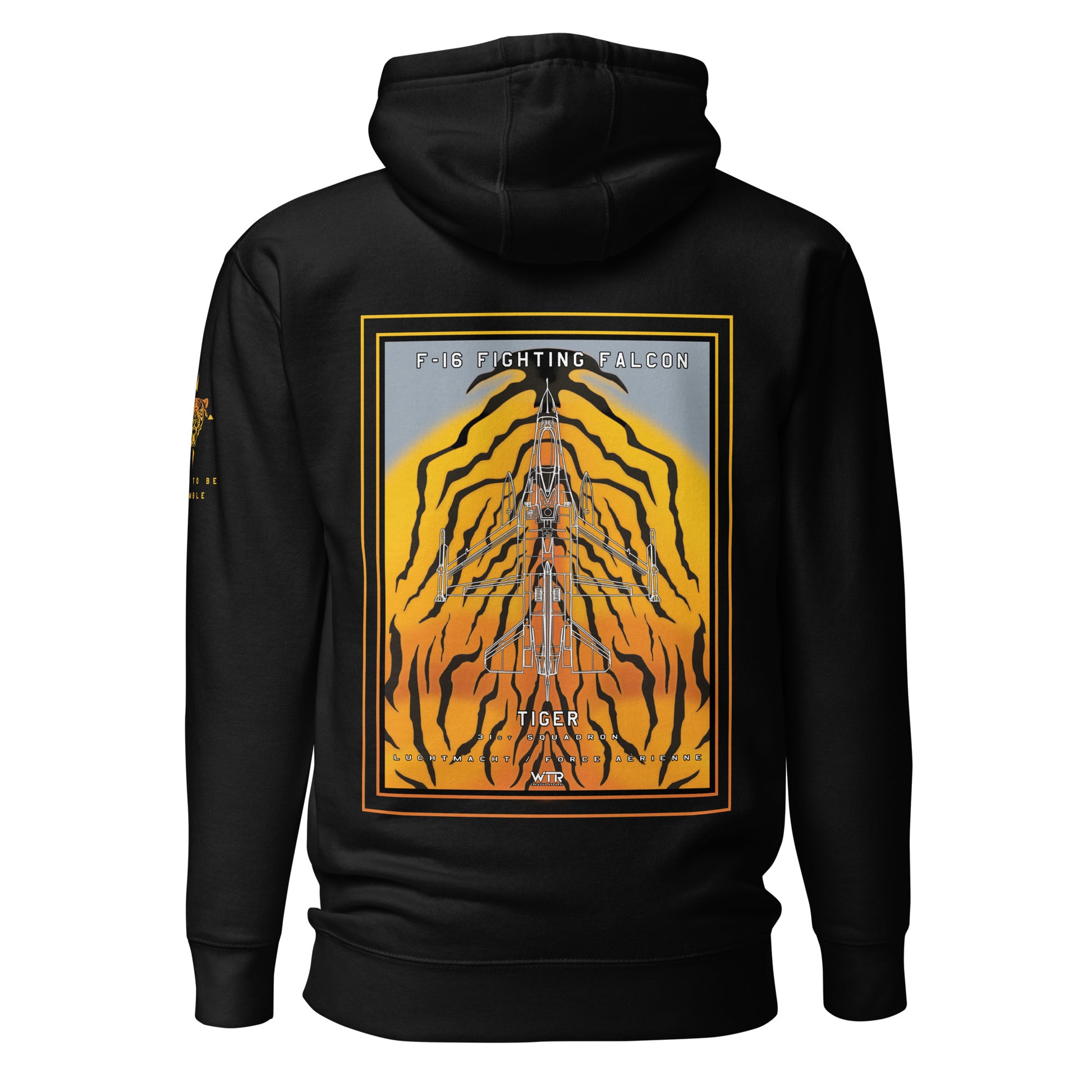 Hand-drawn schematic of the F-16 Fighting Falcon Belgian Air Force 31st Tiger Squadron 65th Anniversary livery on a unisex hoodie.