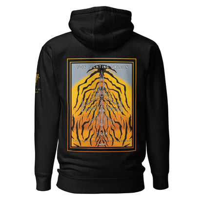 Hand-drawn schematic of the F-16 Fighting Falcon Belgian Air Force 31st Tiger Squadron 65th Anniversary livery on a unisex hoodie.