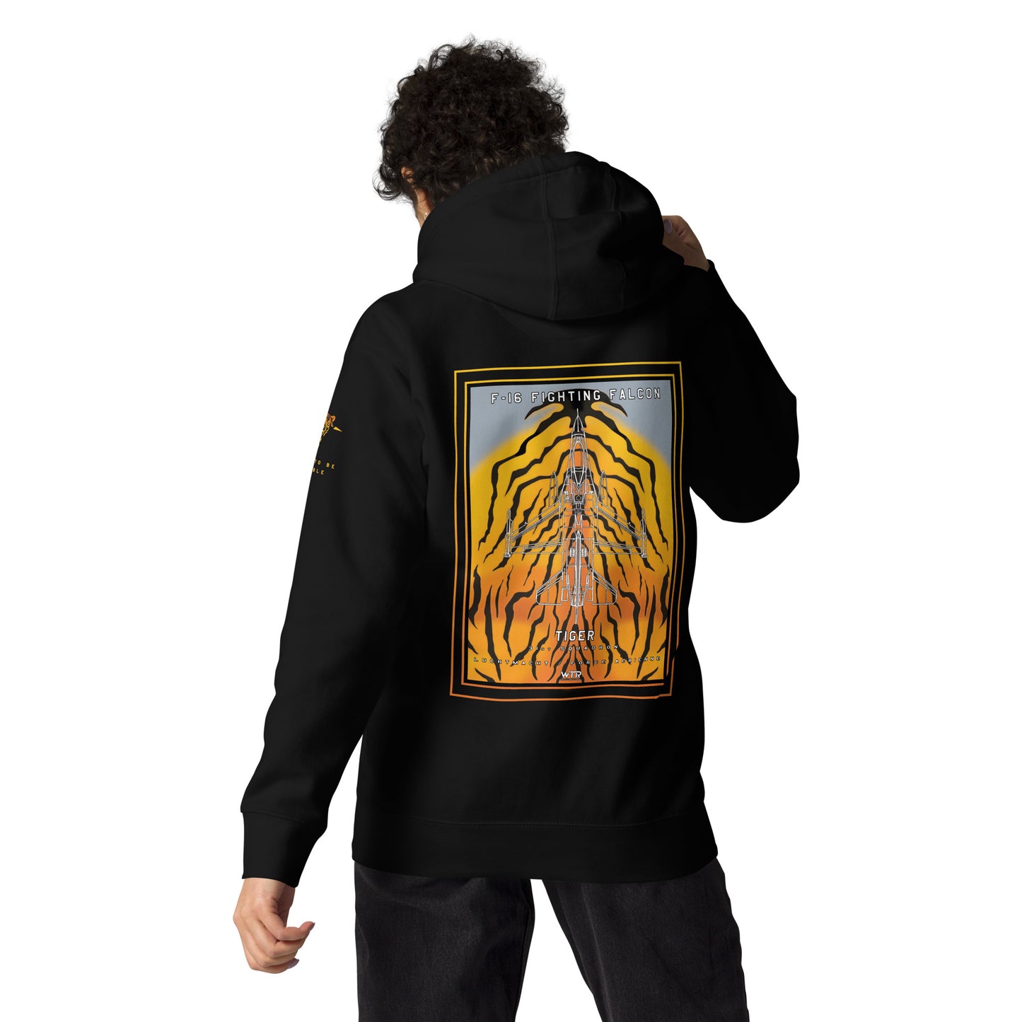 Hand-drawn schematic of the F-16 Fighting Falcon Belgian Air Force 31st Tiger Squadron 65th Anniversary livery on a unisex hoodie.