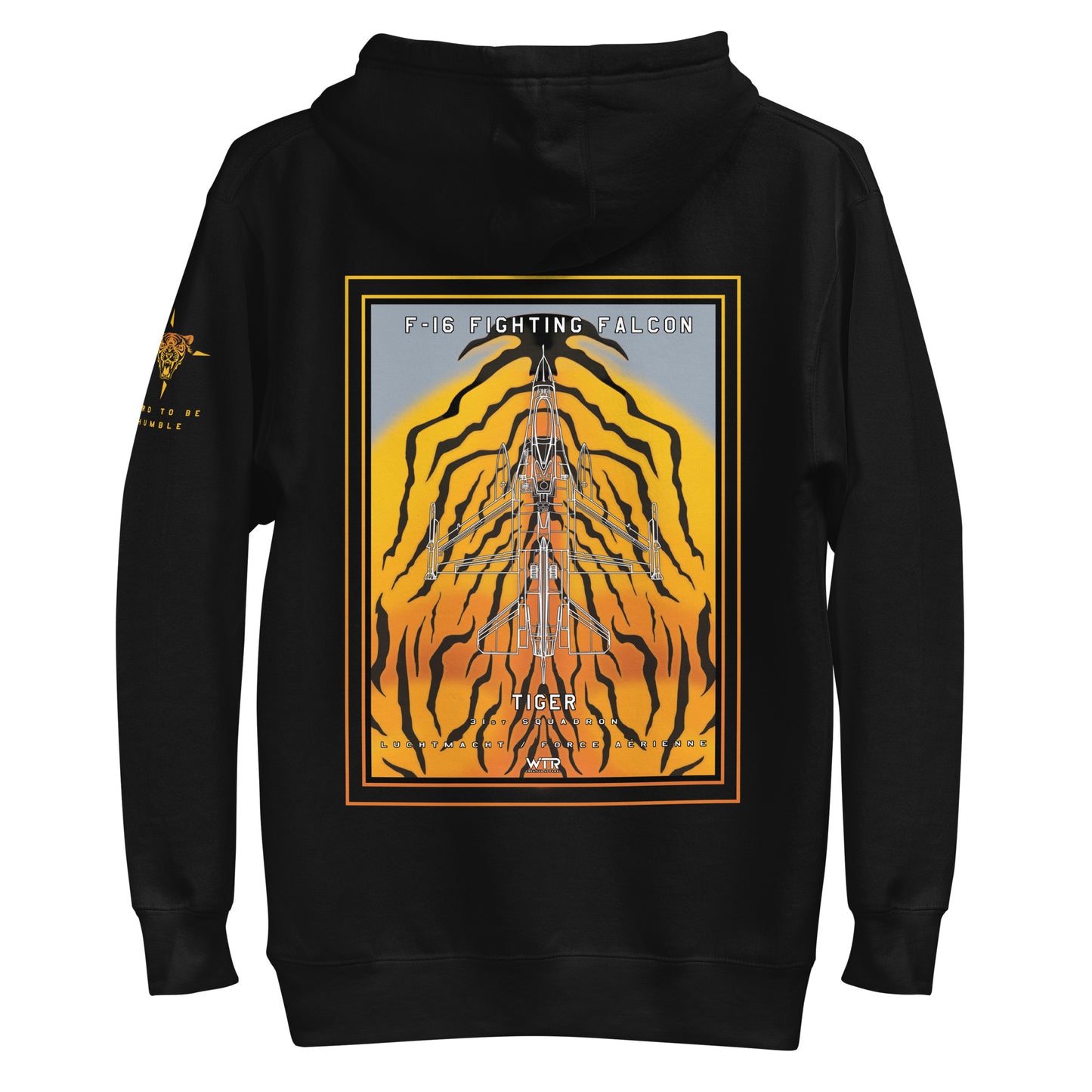 Hand-drawn schematic of the F-16 Fighting Falcon Belgian Air Force 31st Tiger Squadron 65th Anniversary livery on a unisex hoodie.