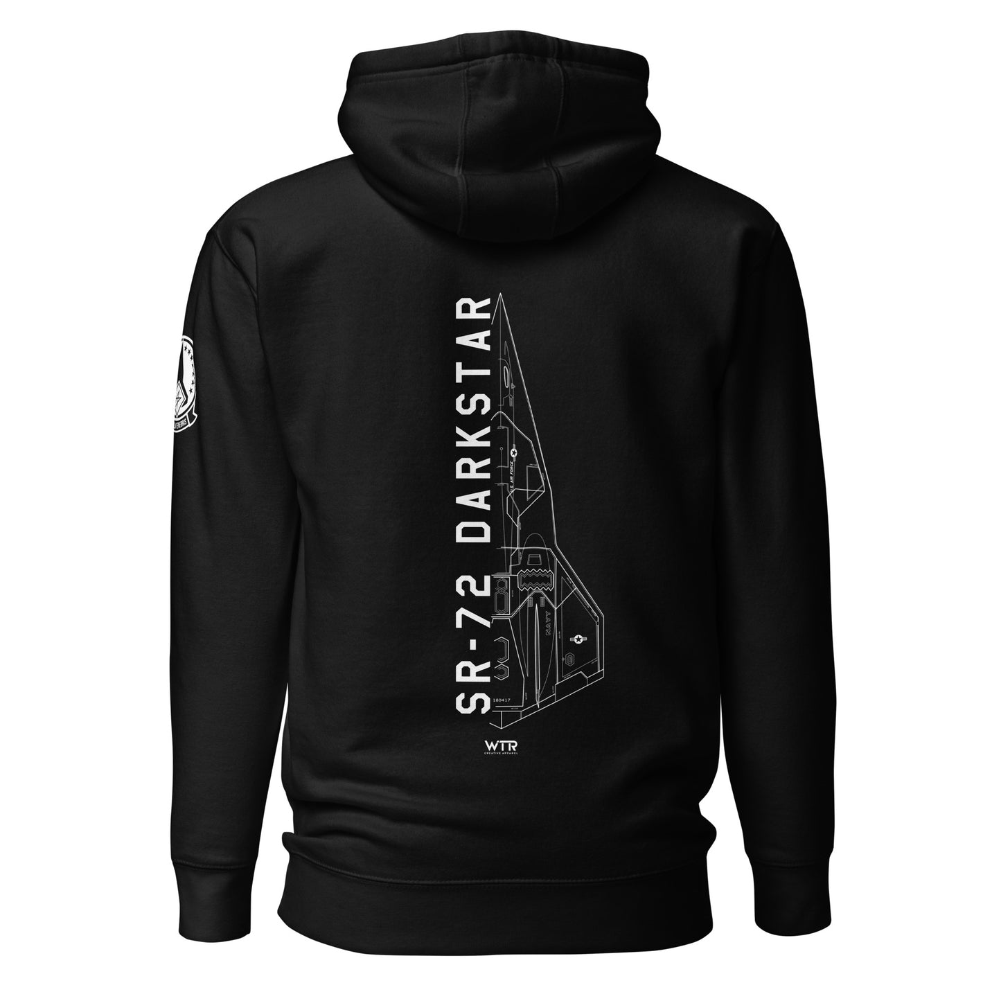 Hand-drawn schematic of the Lockheed Martin Skunk Works SR-72 Darkstar printed on a unisex hoodie.