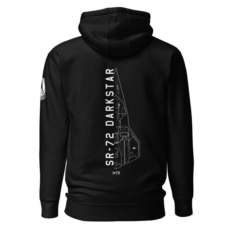 Hand-drawn schematic of the Lockheed Martin Skunk Works SR-72 Darkstar printed on a unisex hoodie.