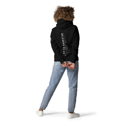 Hand-drawn schematic of the Lockheed Martin Skunk Works SR-72 Darkstar printed on a unisex hoodie.