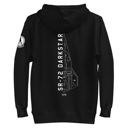 Hand-drawn schematic of the Lockheed Martin Skunk Works SR-72 Darkstar printed on a unisex hoodie.