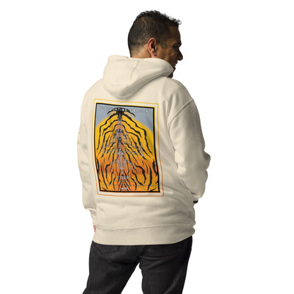Hand-drawn schematic of the F-16 Fighting Falcon Belgian Air Force 31st Tiger Squadron 65th Anniversary livery on a unisex hoodie.