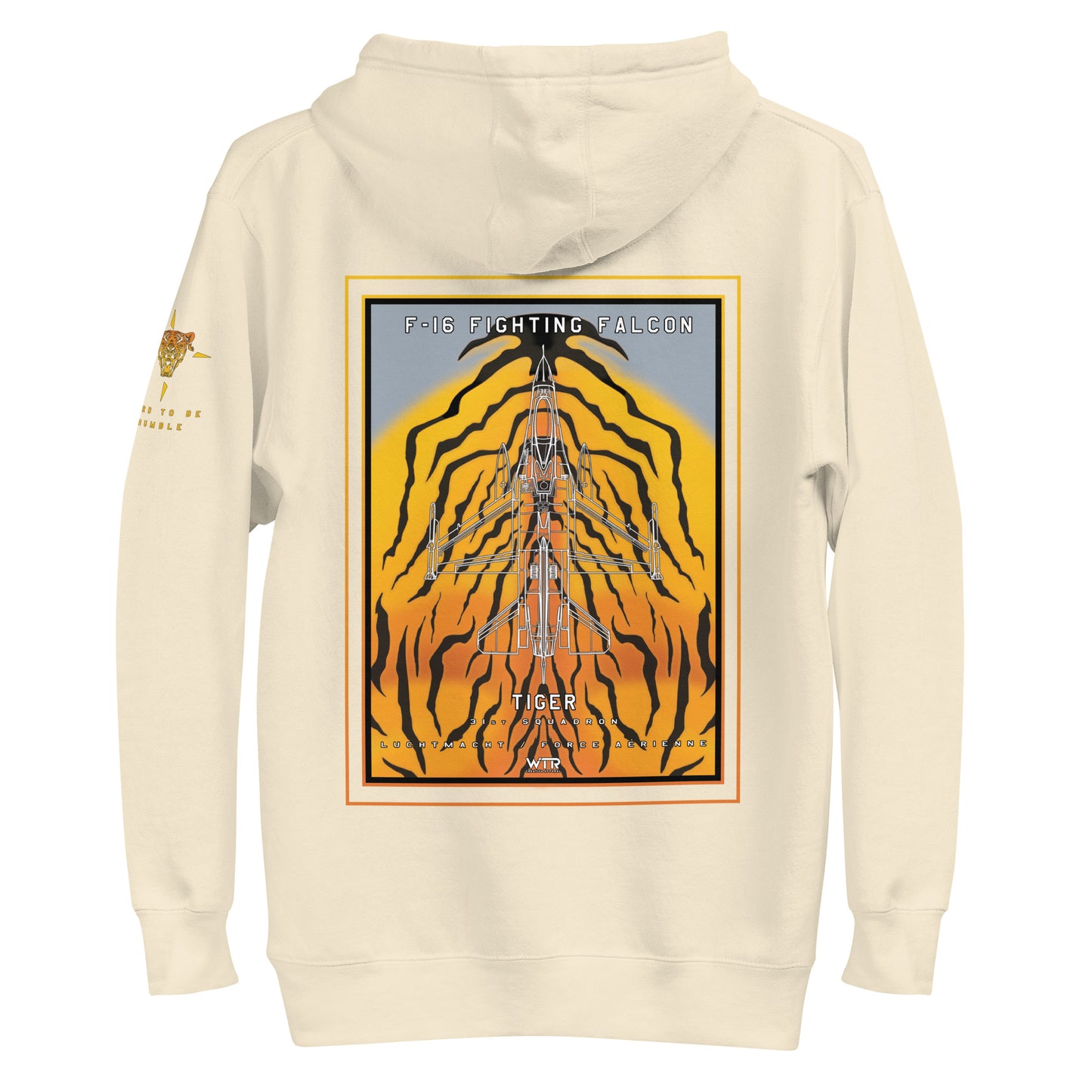 Hand-drawn schematic of the F-16 Fighting Falcon Belgian Air Force 31st Tiger Squadron 65th Anniversary livery on a unisex hoodie.