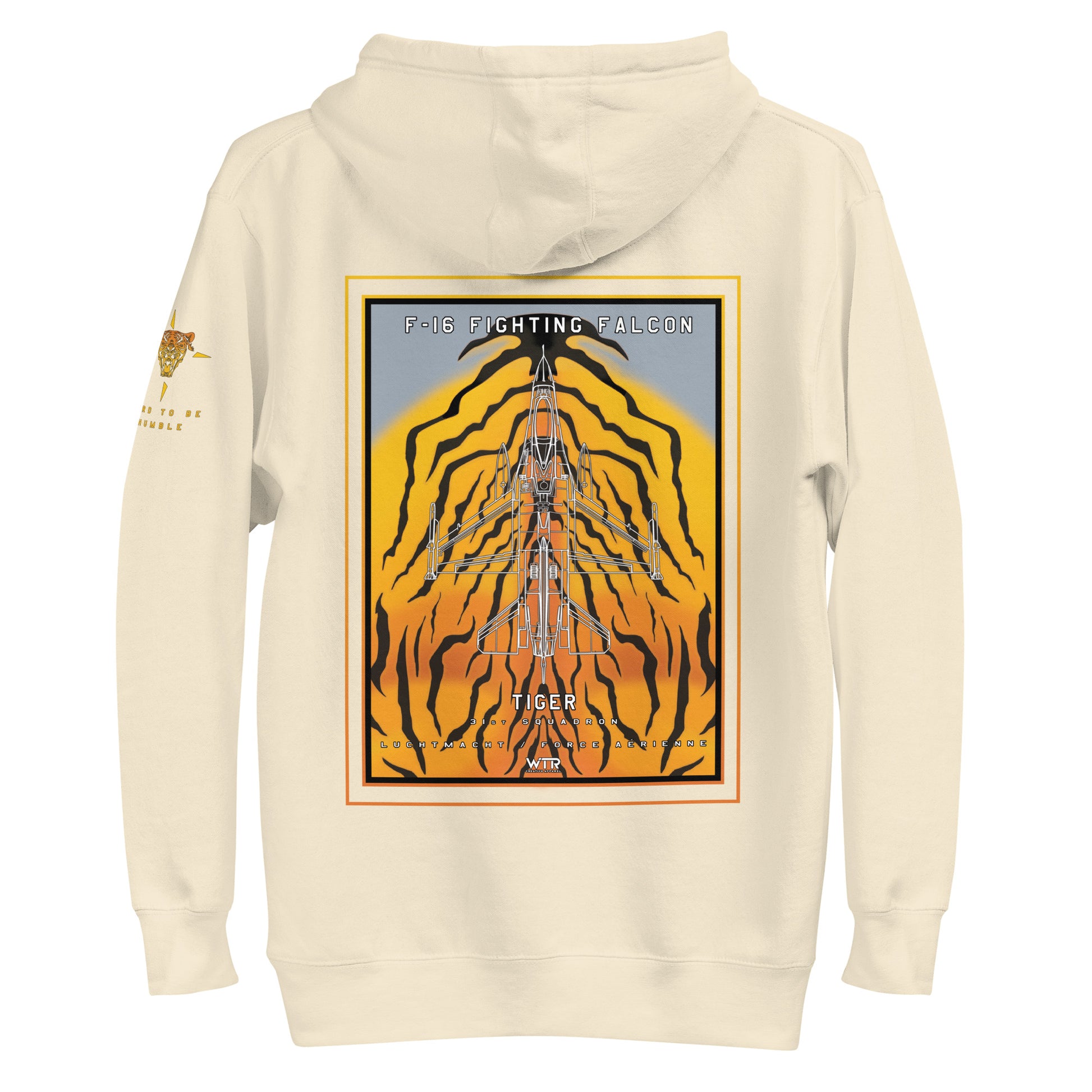 Hand-drawn schematic of the F-16 Fighting Falcon Belgian Air Force 31st Tiger Squadron 65th Anniversary livery on a unisex hoodie.