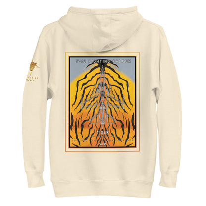 Hand-drawn schematic of the F-16 Fighting Falcon Belgian Air Force 31st Tiger Squadron 65th Anniversary livery on a unisex hoodie.