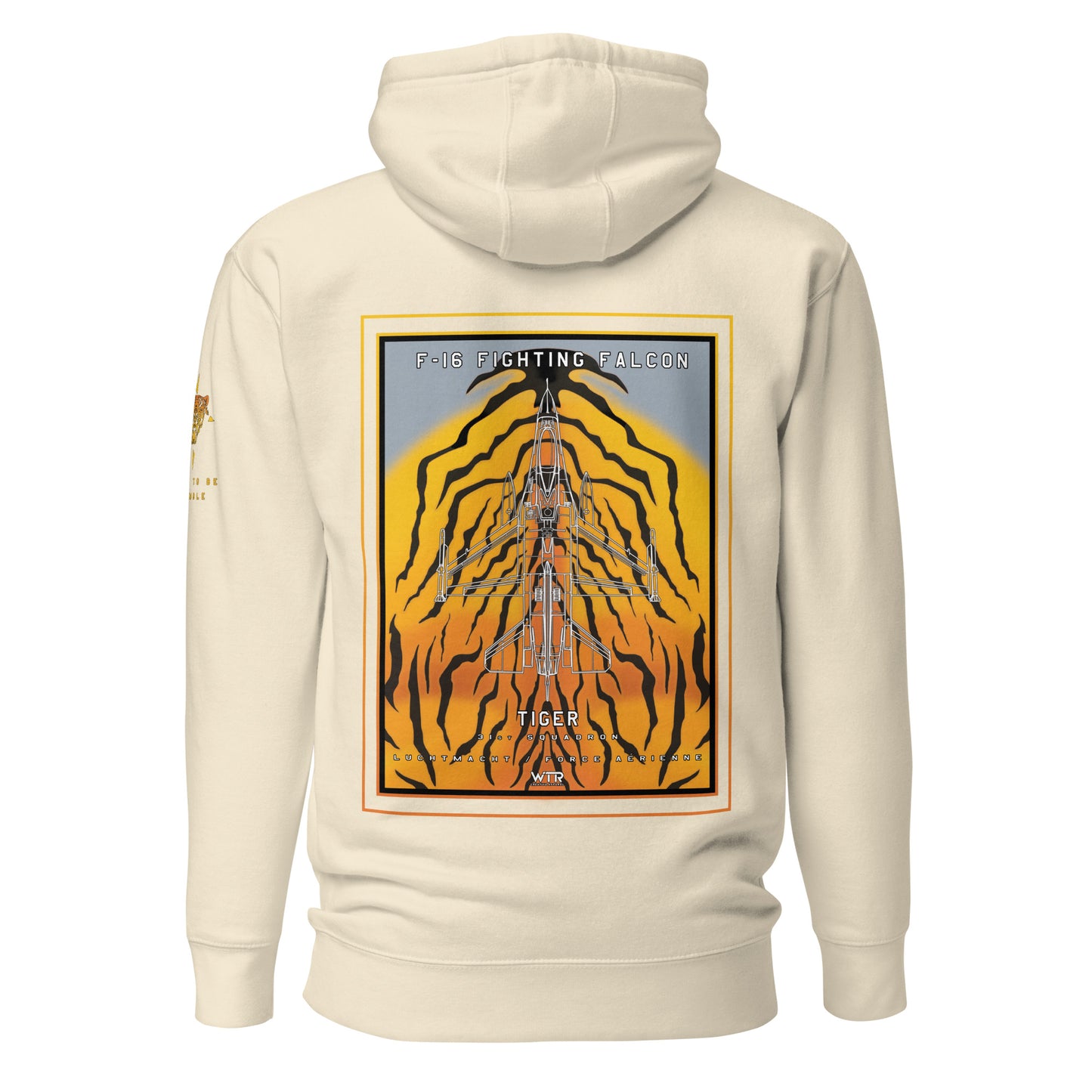 Hand-drawn schematic of the F-16 Fighting Falcon Belgian Air Force 31st Tiger Squadron 65th Anniversary livery on a unisex hoodie.