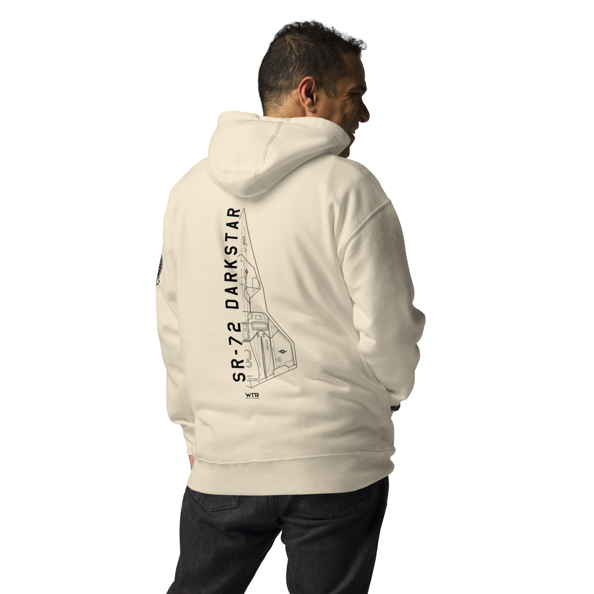 Hand-drawn schematic of the Lockheed Martin Skunk Works SR-72 Darkstar printed on a unisex hoodie.