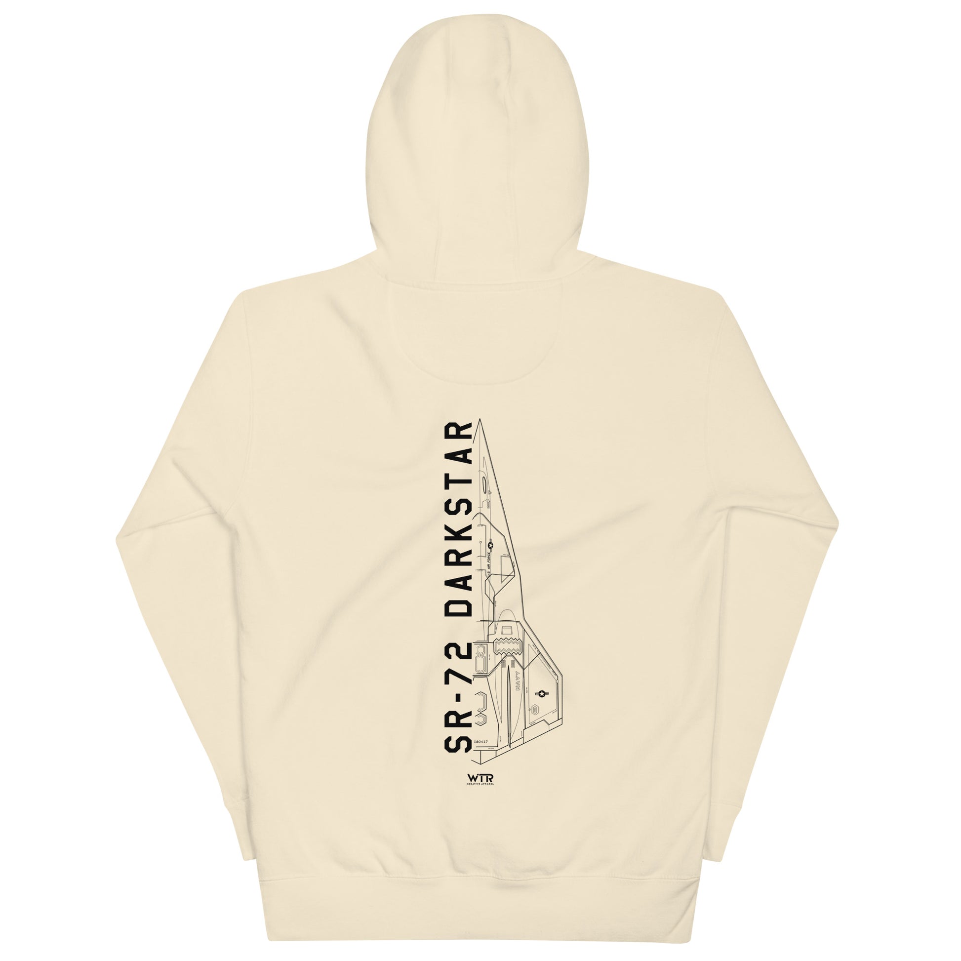 Hand-drawn schematic of the Lockheed Martin Skunk Works SR-72 Darkstar printed on a unisex hoodie.