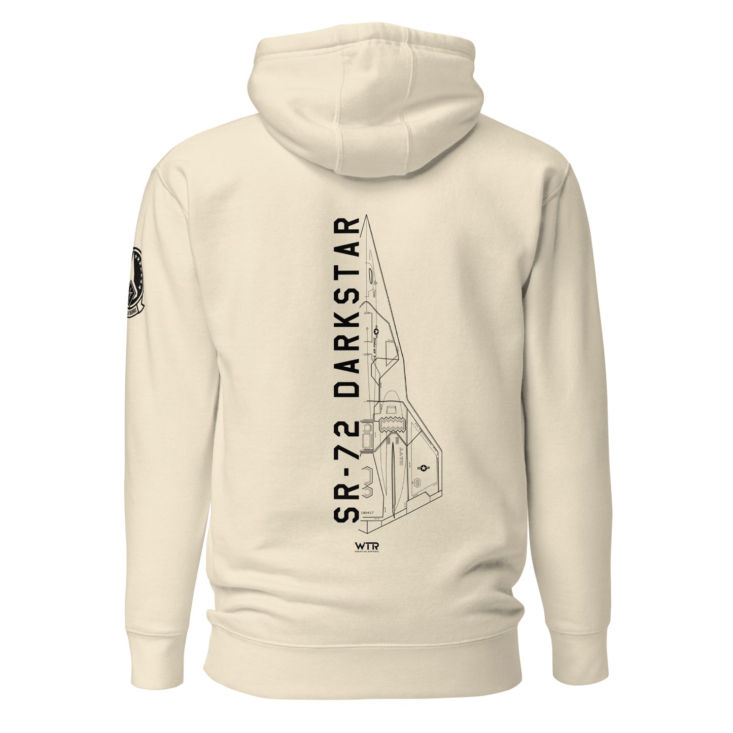 Hand-drawn schematic of the Lockheed Martin Skunk Works SR-72 Darkstar printed on a unisex hoodie.