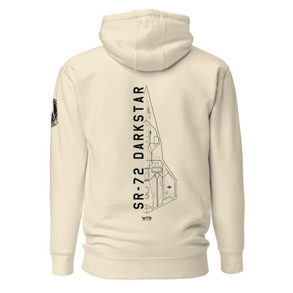 Hand-drawn schematic of the Lockheed Martin Skunk Works SR-72 Darkstar printed on a unisex hoodie.