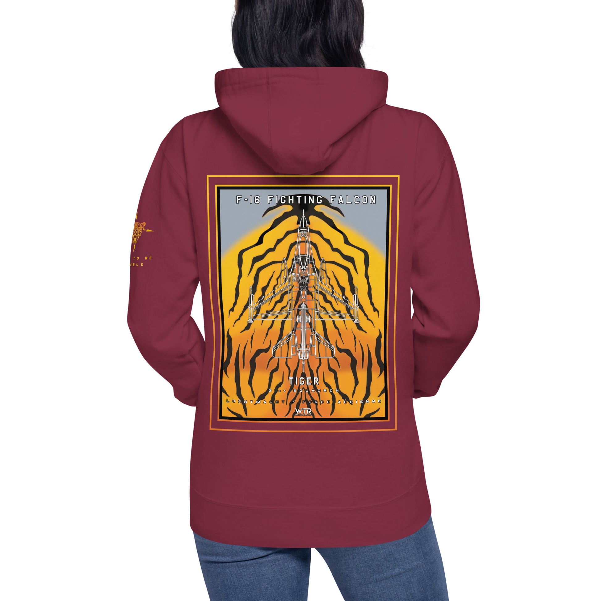 Hand-drawn schematic of the F-16 Fighting Falcon Belgian Air Force 31st Tiger Squadron 65th Anniversary livery on a unisex hoodie.