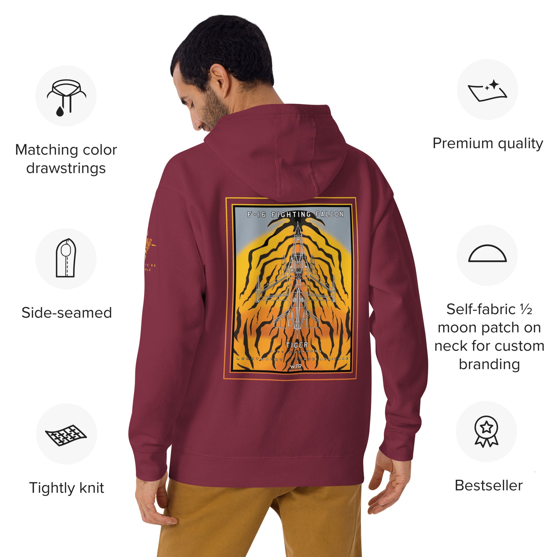 Hand-drawn schematic of the F-16 Fighting Falcon Belgian Air Force 31st Tiger Squadron 65th Anniversary livery on a unisex hoodie.