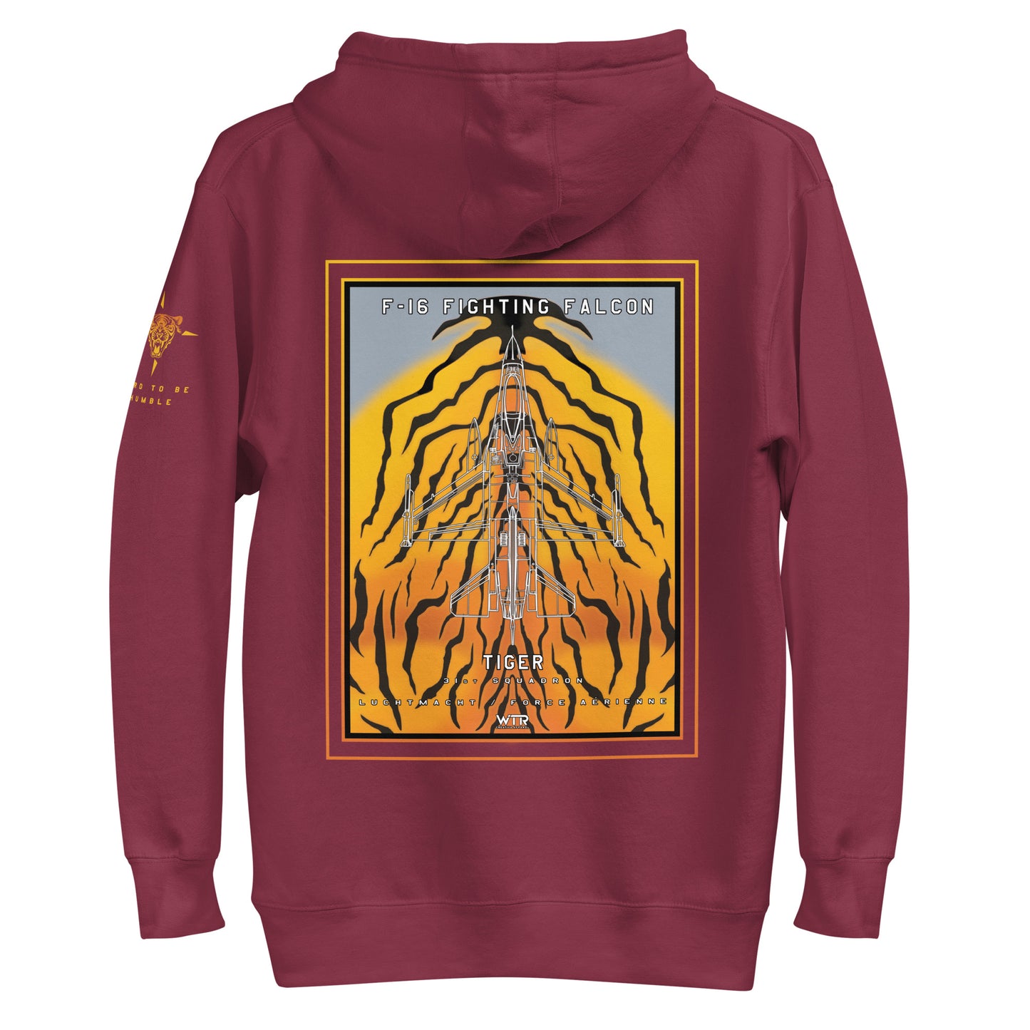 Hand-drawn schematic of the F-16 Fighting Falcon Belgian Air Force 31st Tiger Squadron 65th Anniversary livery on a unisex hoodie.