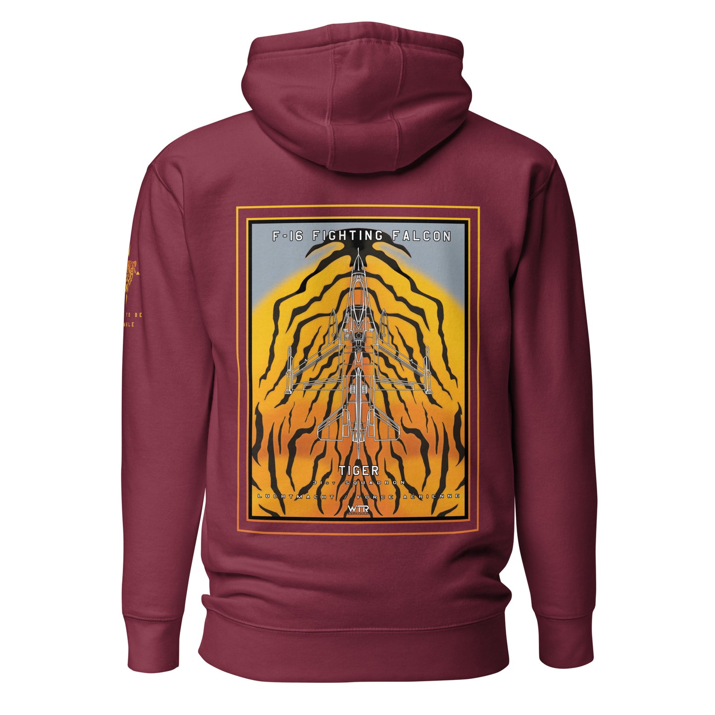 Hand-drawn schematic of the F-16 Fighting Falcon Belgian Air Force 31st Tiger Squadron 65th Anniversary livery on a unisex hoodie.