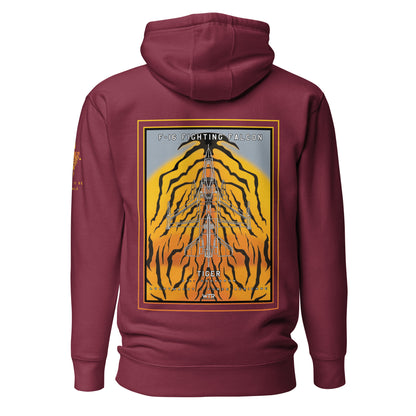 Hand-drawn schematic of the F-16 Fighting Falcon Belgian Air Force 31st Tiger Squadron 65th Anniversary livery on a unisex hoodie.