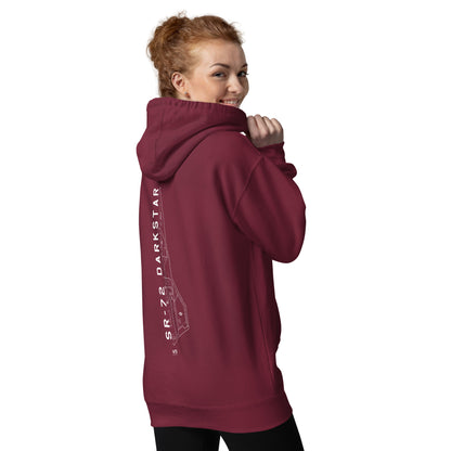 Hand-drawn schematic of the Lockheed Martin Skunk Works SR-72 Darkstar printed on a unisex hoodie.