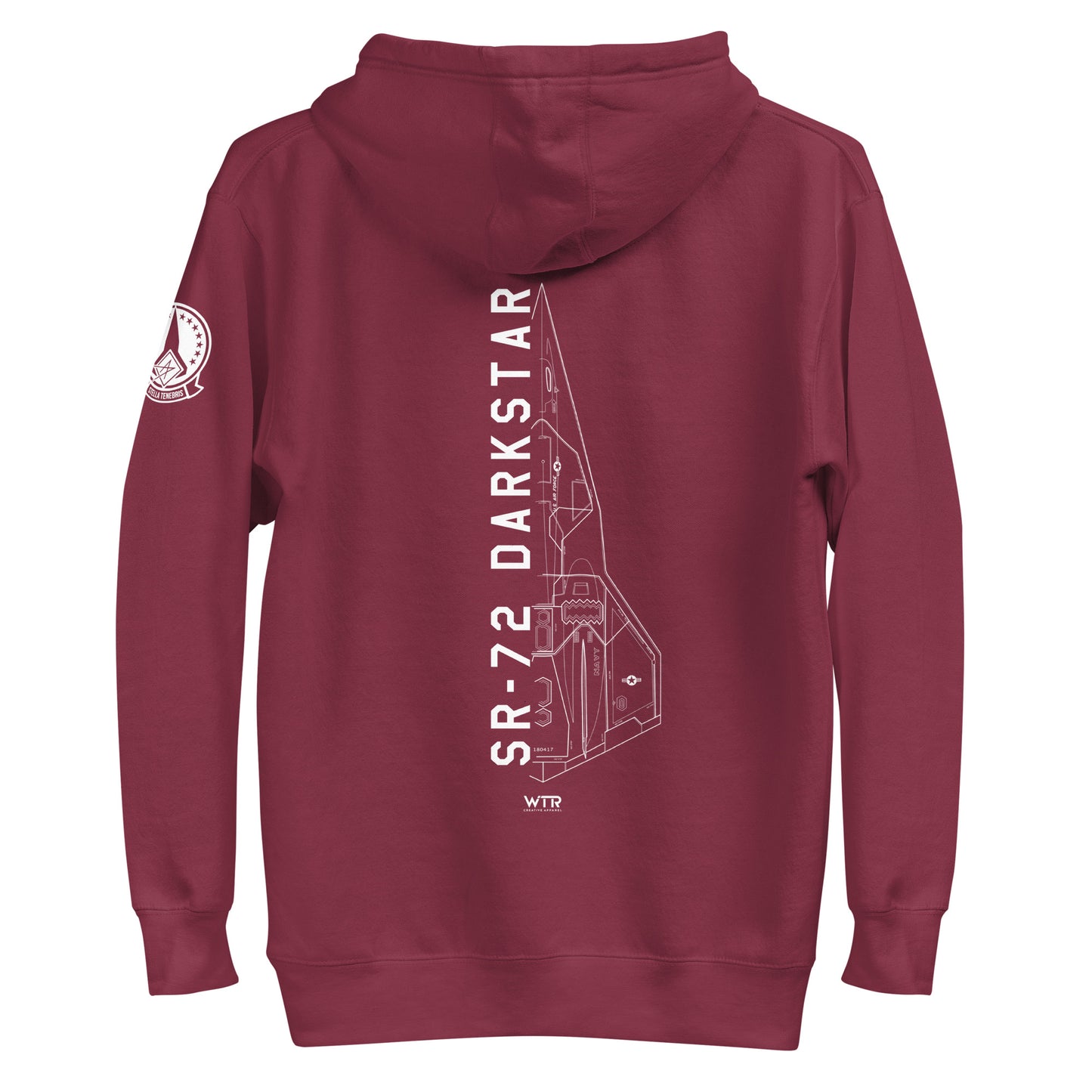 Hand-drawn schematic of the Lockheed Martin Skunk Works SR-72 Darkstar printed on a unisex hoodie.