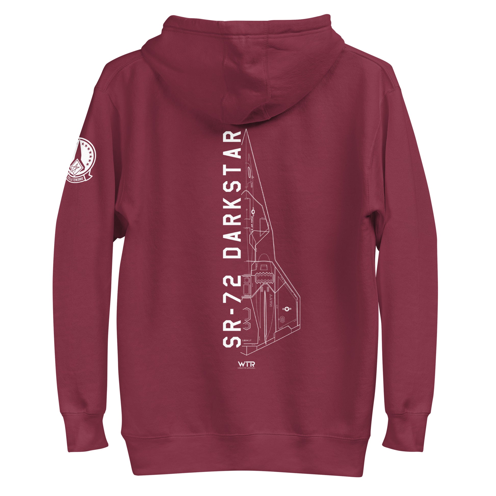 Hand-drawn schematic of the Lockheed Martin Skunk Works SR-72 Darkstar printed on a unisex hoodie.