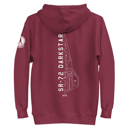 Hand-drawn schematic of the Lockheed Martin Skunk Works SR-72 Darkstar printed on a unisex hoodie.