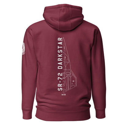 Hand-drawn schematic of the Lockheed Martin Skunk Works SR-72 Darkstar printed on a unisex hoodie.