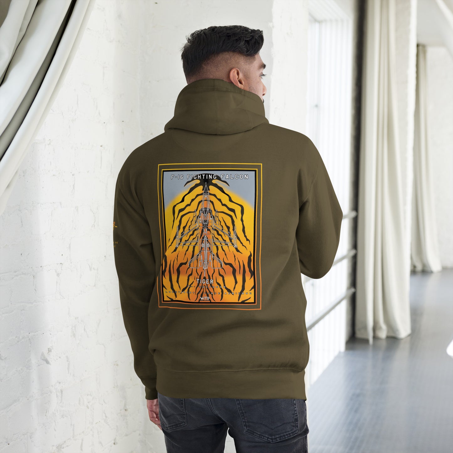 Hand-drawn schematic of the F-16 Fighting Falcon Belgian Air Force 31st Tiger Squadron 65th Anniversary livery on a unisex hoodie.