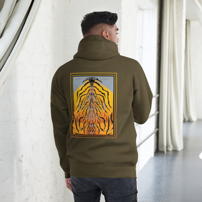 Hand-drawn schematic of the F-16 Fighting Falcon Belgian Air Force 31st Tiger Squadron 65th Anniversary livery on a unisex hoodie.