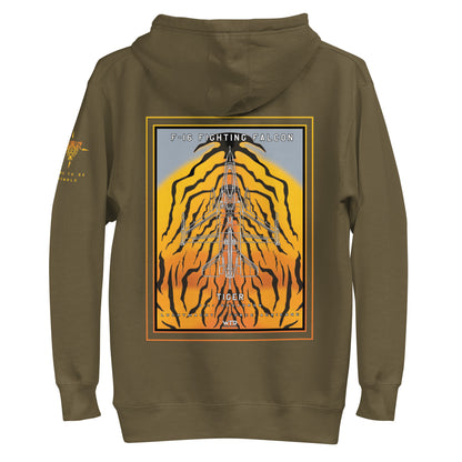Hand-drawn schematic of the F-16 Fighting Falcon Belgian Air Force 31st Tiger Squadron 65th Anniversary livery on a unisex hoodie.