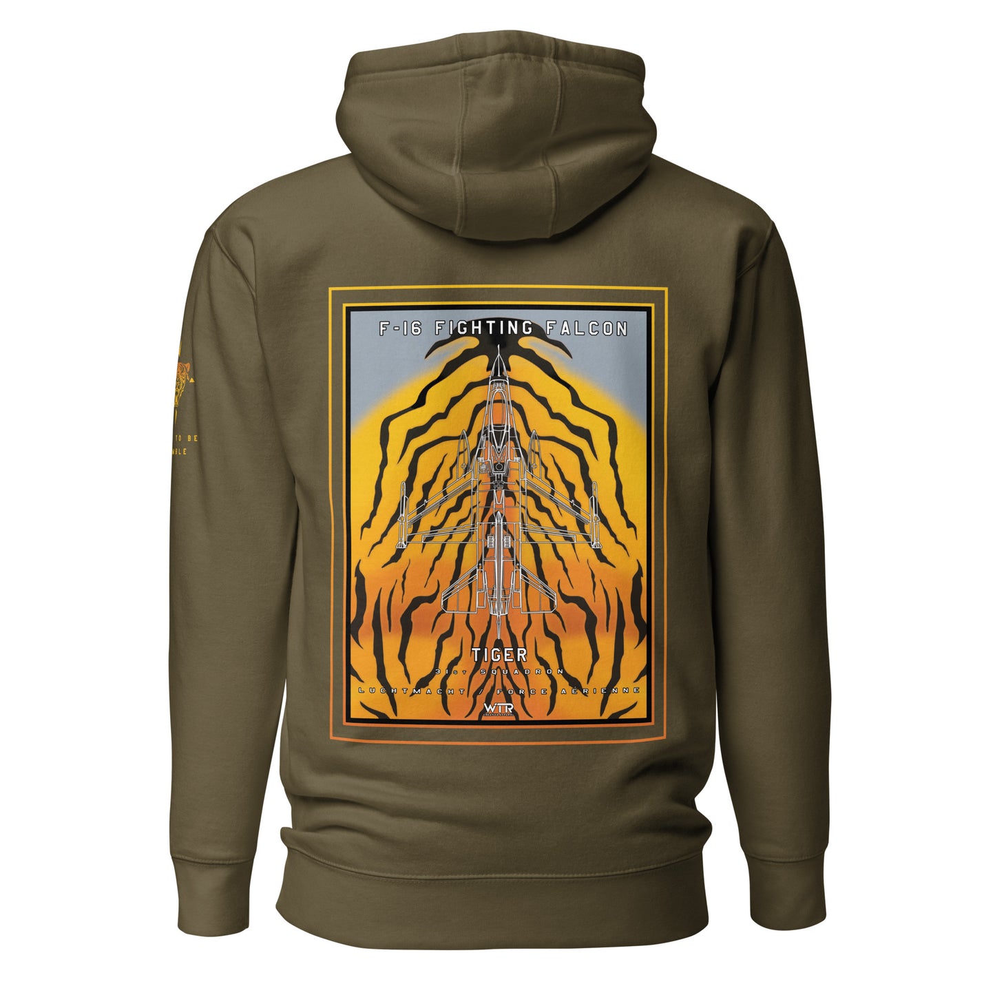 Hand-drawn schematic of the F-16 Fighting Falcon Belgian Air Force 31st Tiger Squadron 65th Anniversary livery on a unisex hoodie.