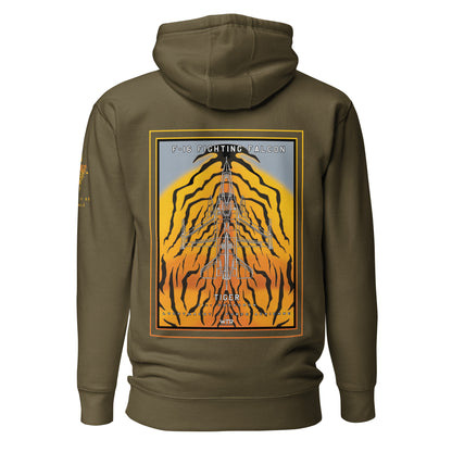 Hand-drawn schematic of the F-16 Fighting Falcon Belgian Air Force 31st Tiger Squadron 65th Anniversary livery on a unisex hoodie.