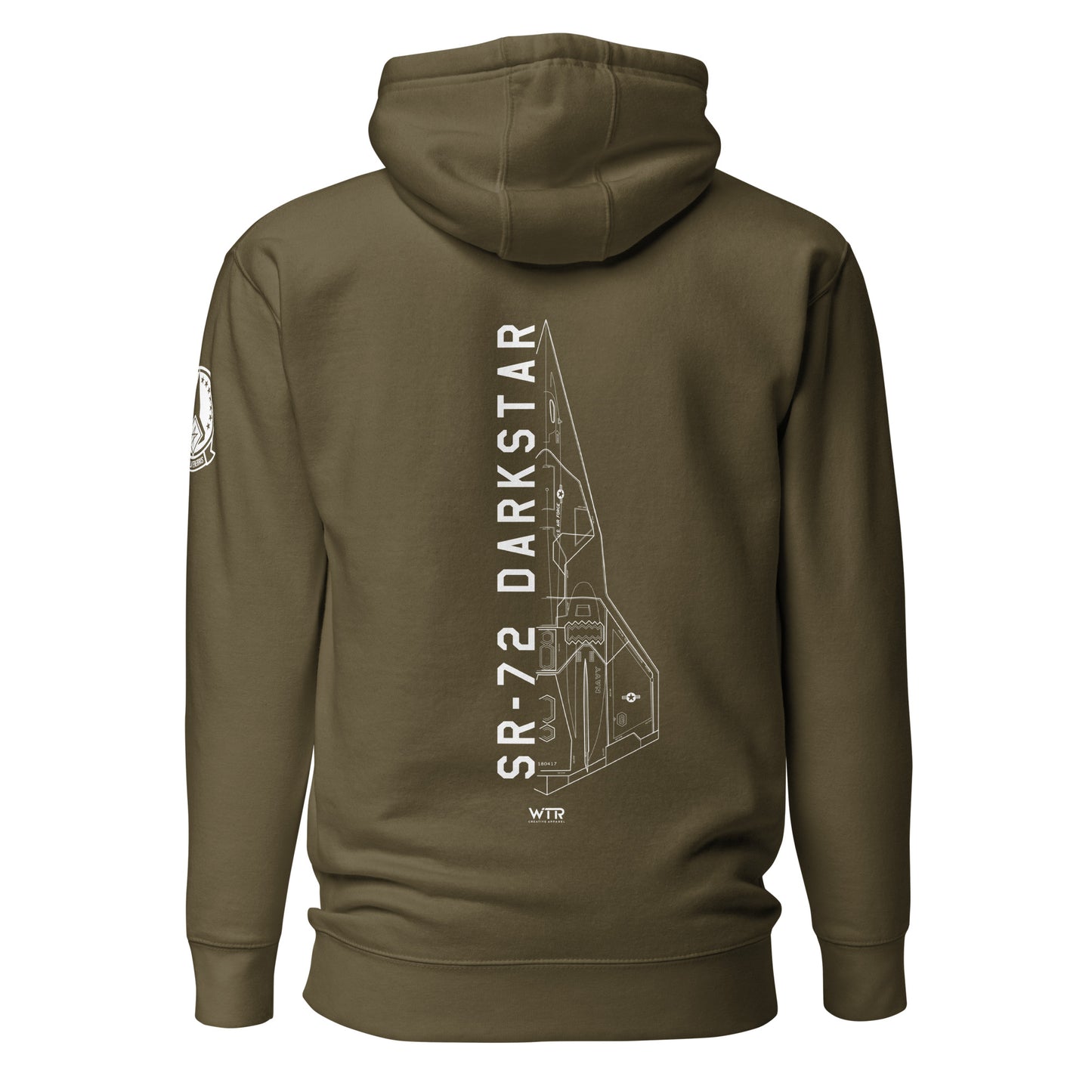 Hand-drawn schematic of the Lockheed Martin Skunk Works SR-72 Darkstar printed on a unisex hoodie.